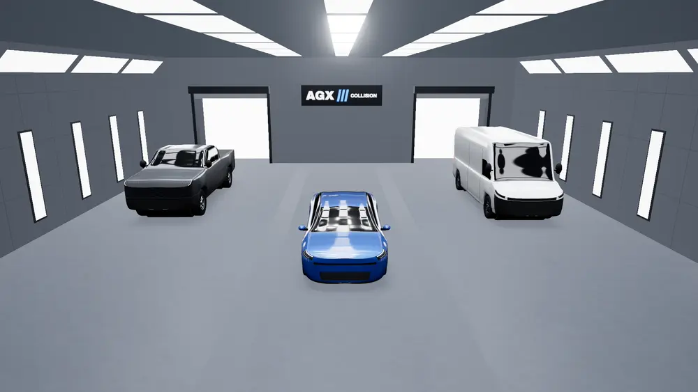 Pickup truck and cargo van parked in the AGX Collision shop beside a repaired car