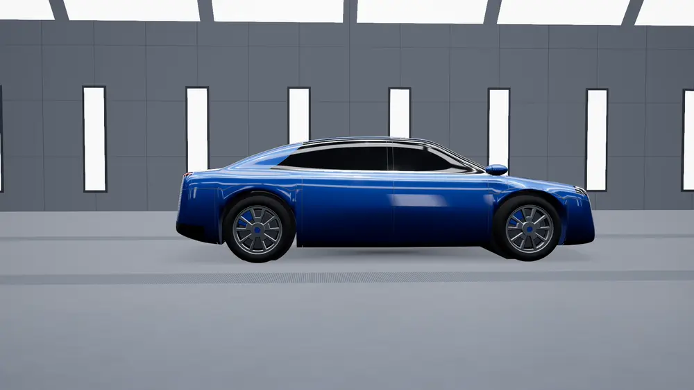 Sedan in grey primer being refinished in AGX blue in the paint booth