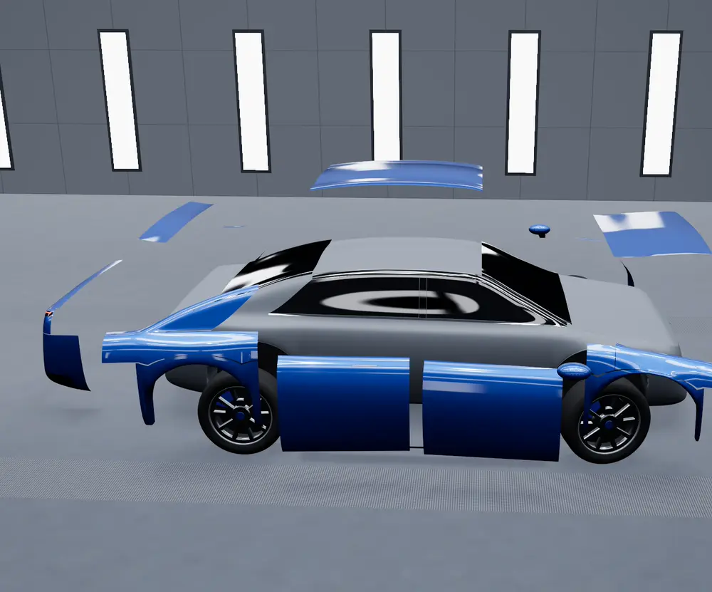 Exploded view of a sedan with its doors, fenders, hood and bumpers removed for collision repair