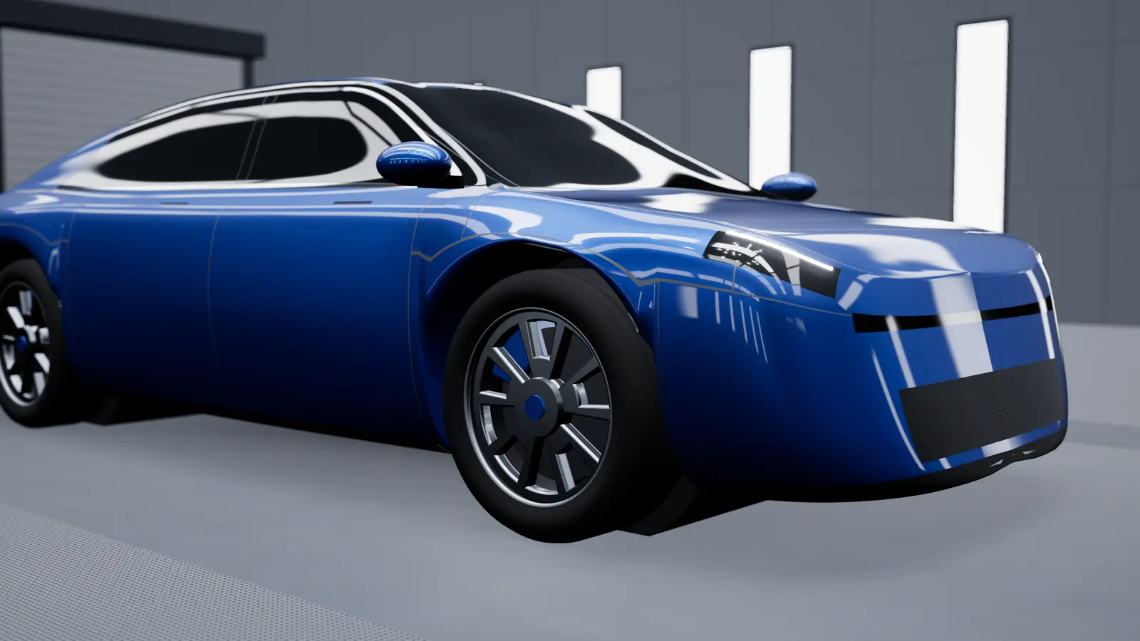 Close-up of fresh blue clearcoat on a front fender and wheel