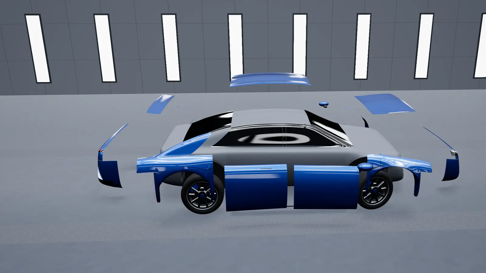 Exploded view of a sedan with its body panels lifted away from the shell